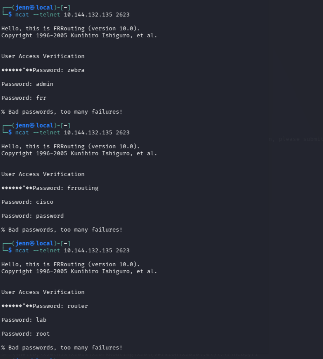 Manual telnet attempts — ruling out obvious passwords